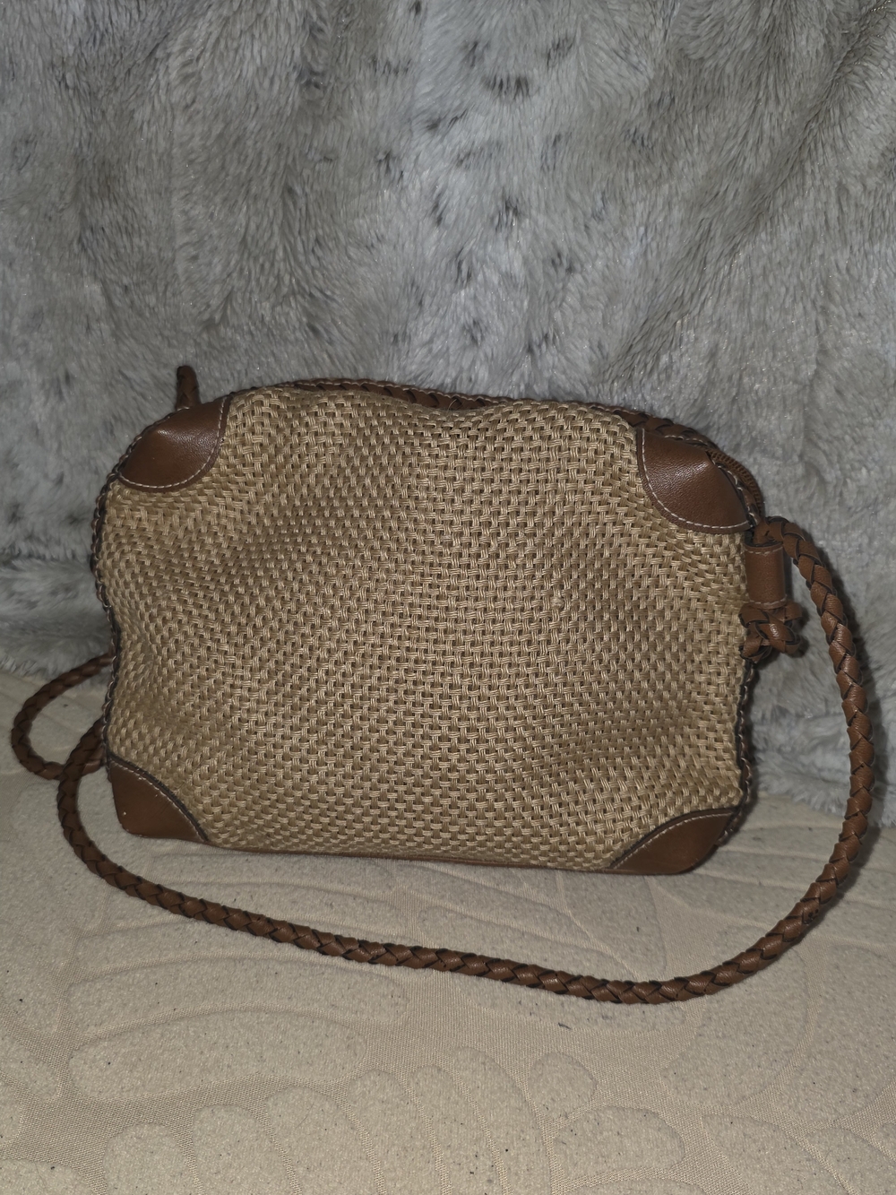 A&W Woven Straw Crossbody Bag with Brown Leather Trim